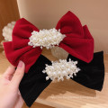 New Pearl Flannel Red Black Big Hair Barrettes Bow Knot Fashion Accessories Hairpin Korean Luxury Spring Clip